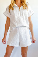 White Leopard Jacquard Quarter Zip Tee and Shorts Set White 97%Polyester+3%Elastane Short Sets JT's Designer Fashion