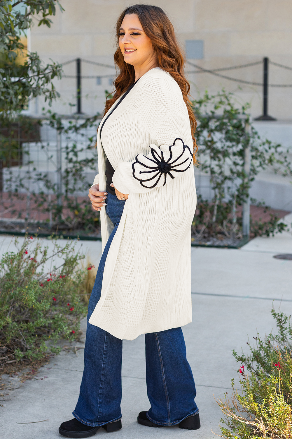Beige Flower Embroidered Drop Shoulder Open Front Duster Cardigan Cardigans JT's Designer Fashion