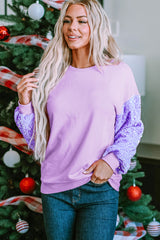 Orchid Petal Sequin Patchwork Long Sleeve Pullover Top Long Sleeve Tops JT's Designer Fashion