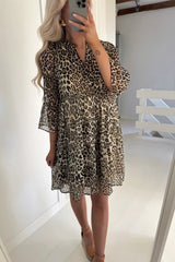 Khaki Leopard 3/4 Sleeve V Neck Swing Dress Mini Dresses JT's Designer Fashion
