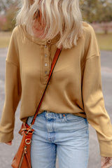 Camel Textured Knit Half Button Drop Shoulder Oversized Top Long Sleeve Tops JT's Designer Fashion