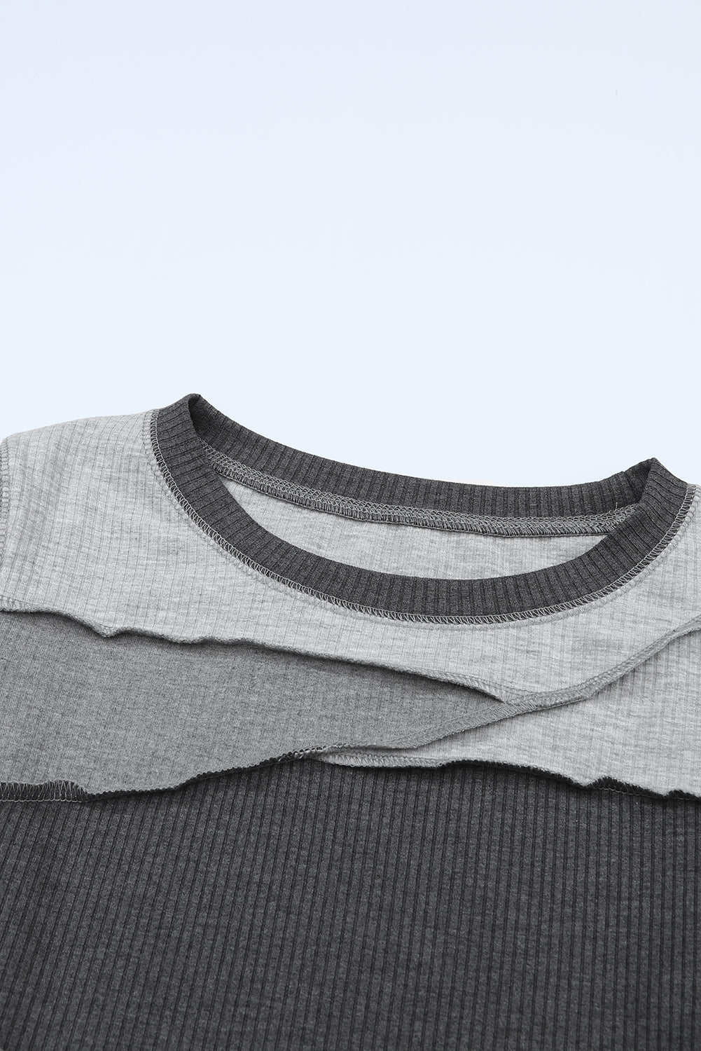 Gray Expose Seam Color Block Ribbed Knit Top Long Sleeve Tops JT's Designer Fashion