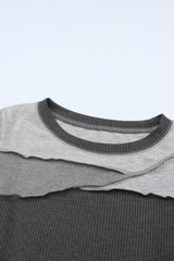 Gray Expose Seam Color Block Ribbed Knit Top Long Sleeve Tops JT's Designer Fashion