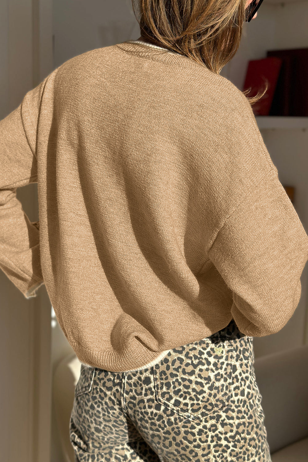 Tan Leopard Bow Decor Split Cuff Contrast Trim Sweater Sweaters JT's Designer Fashion