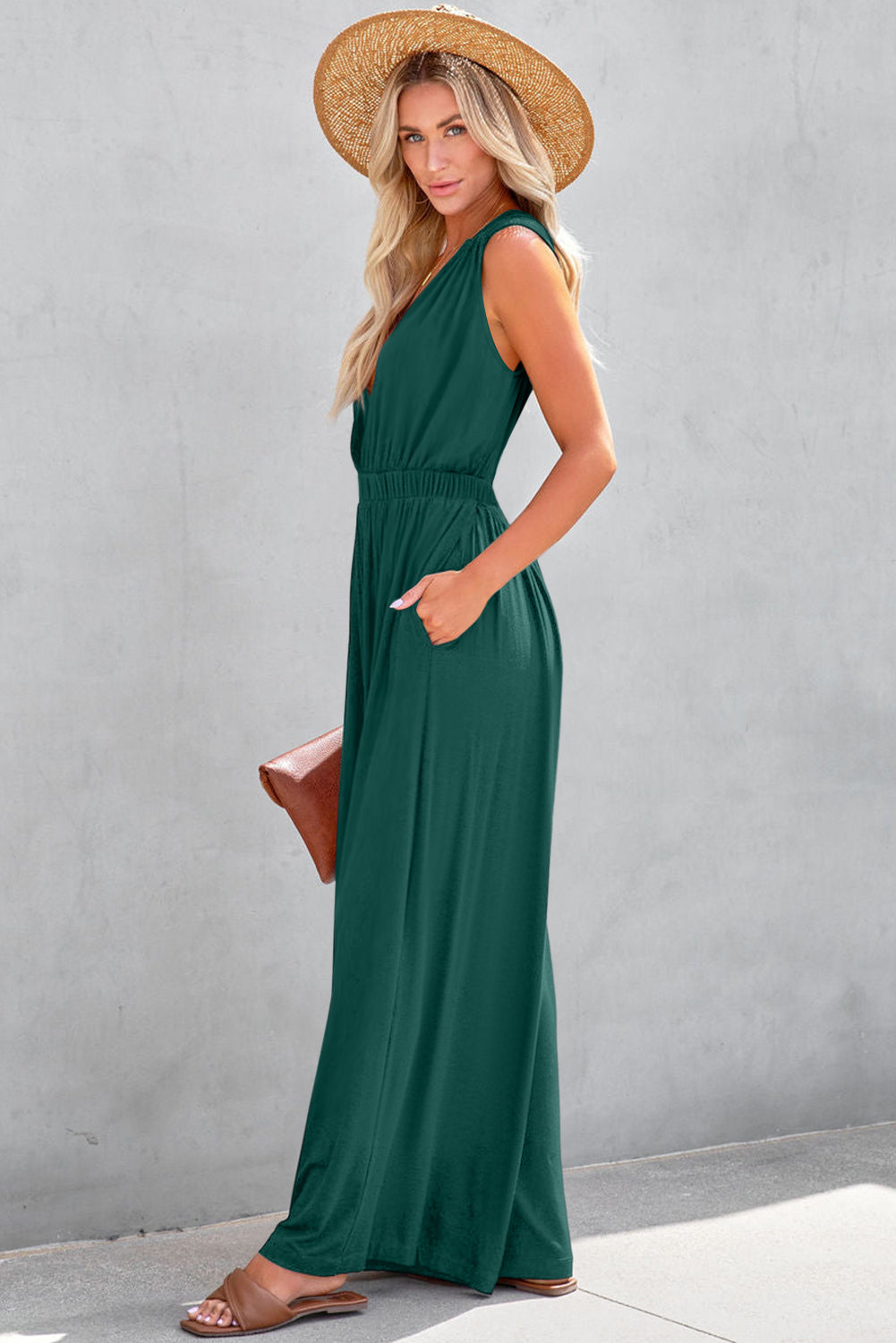 Blackish Green Deep V Pleated Crisscross Wide Leg Backless Jumpsuit Jumpsuits & Rompers JT's Designer Fashion