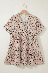 Beige Printed Surplice V Neck Cuffed Sleeve Empire Waist Plus Size Dress Plus Size Mini Dresses JT's Designer Fashion