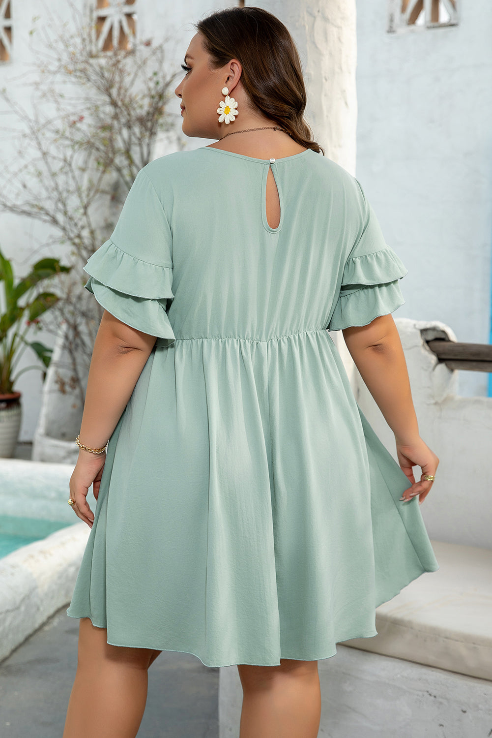 Grass Green Ruffle Trim Short Sleeve Plus Size Flared Mini Dress Plus Size Mini Dresses JT's Designer Fashion