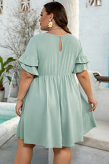 Grass Green Ruffle Trim Short Sleeve Plus Size Flared Mini Dress Plus Size Mini Dresses JT's Designer Fashion
