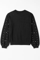 Black Pearled Drop Shoulder Round Neck Sweater Sweaters JT's Designer Fashion