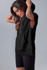 Black Half Zipper Kangaroo Pocket Short Sleeve Hoodie Sweatshirts & Hoodies JT's Designer Fashion