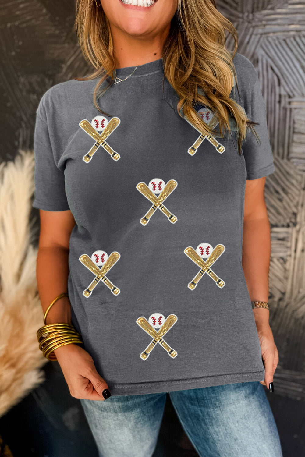 Gray Sequined Game Day Casual Tee Graphic Tees JT's Designer Fashion