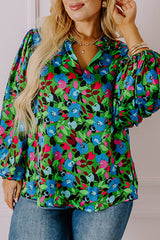 Green Plus Size Floral Bubble Sleeve V Neck Blouse Plus Size Blouses & Shirts JT's Designer Fashion