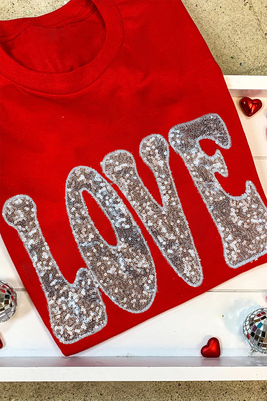 Red Sequined LOVE Letter Valentines T-shirt Graphic Tees JT's Designer Fashion