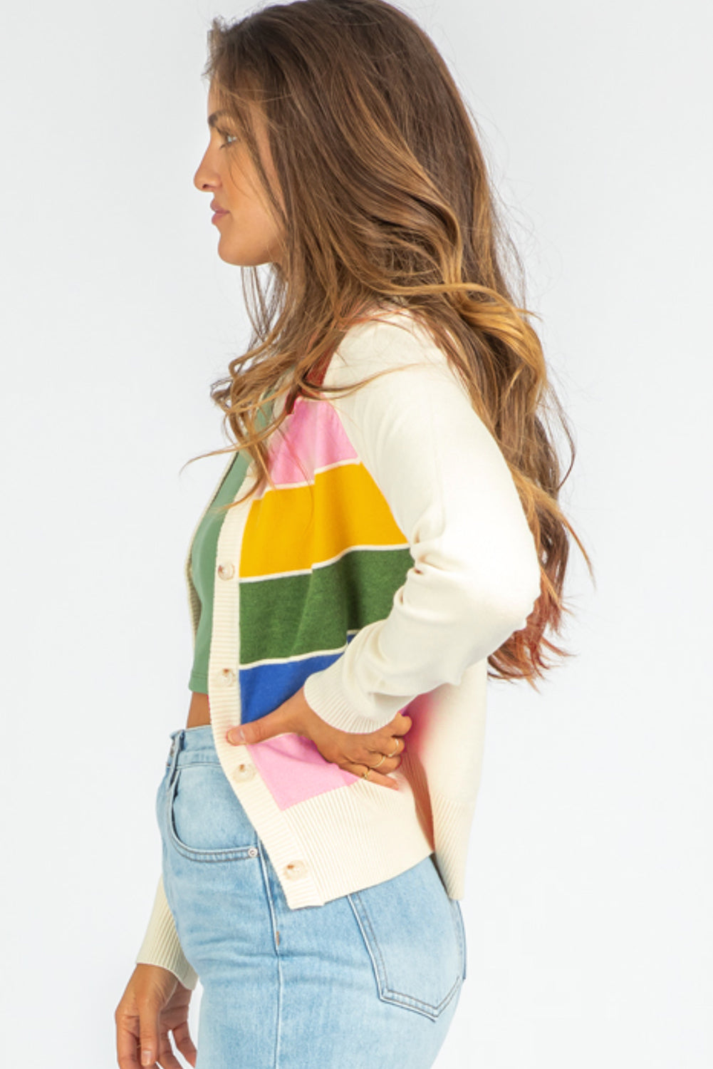 White Stripe Colorful Pattern Button Front Sweater Cardigan Cardigans JT's Designer Fashion