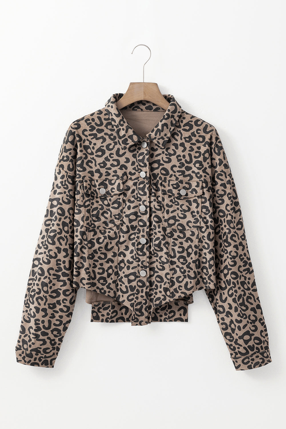 Dark Khaki Leopard Print Corduroy Irregular Hem Buttoned Jacket Jackets JT's Designer Fashion