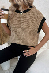 Light French Beige Contrast Trim Round Neck Batwing Sleeve Sweater Top Sweaters & Cardigans JT's Designer Fashion