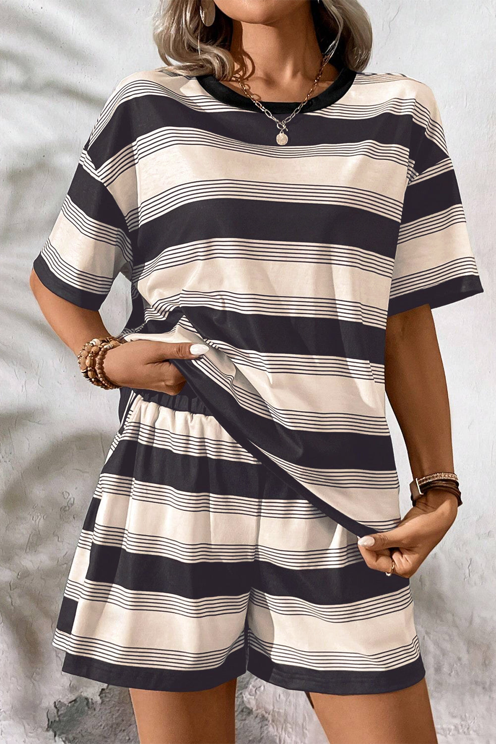 Black Stripe Short Sleeve T Shirt and High Waist Pocketed Shorts Set Short Sets JT's Designer Fashion