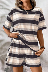 Black Stripe Short Sleeve T Shirt and High Waist Pocketed Shorts Set Short Sets JT's Designer Fashion
