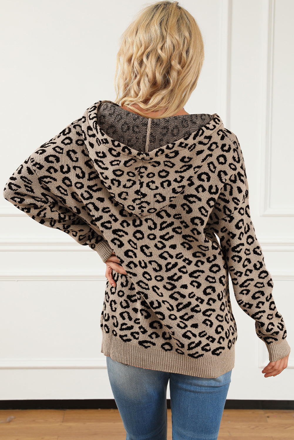 Khaki Leopard Knitted Drawstring Hooded Sweater Sweaters & Cardigans JT's Designer Fashion