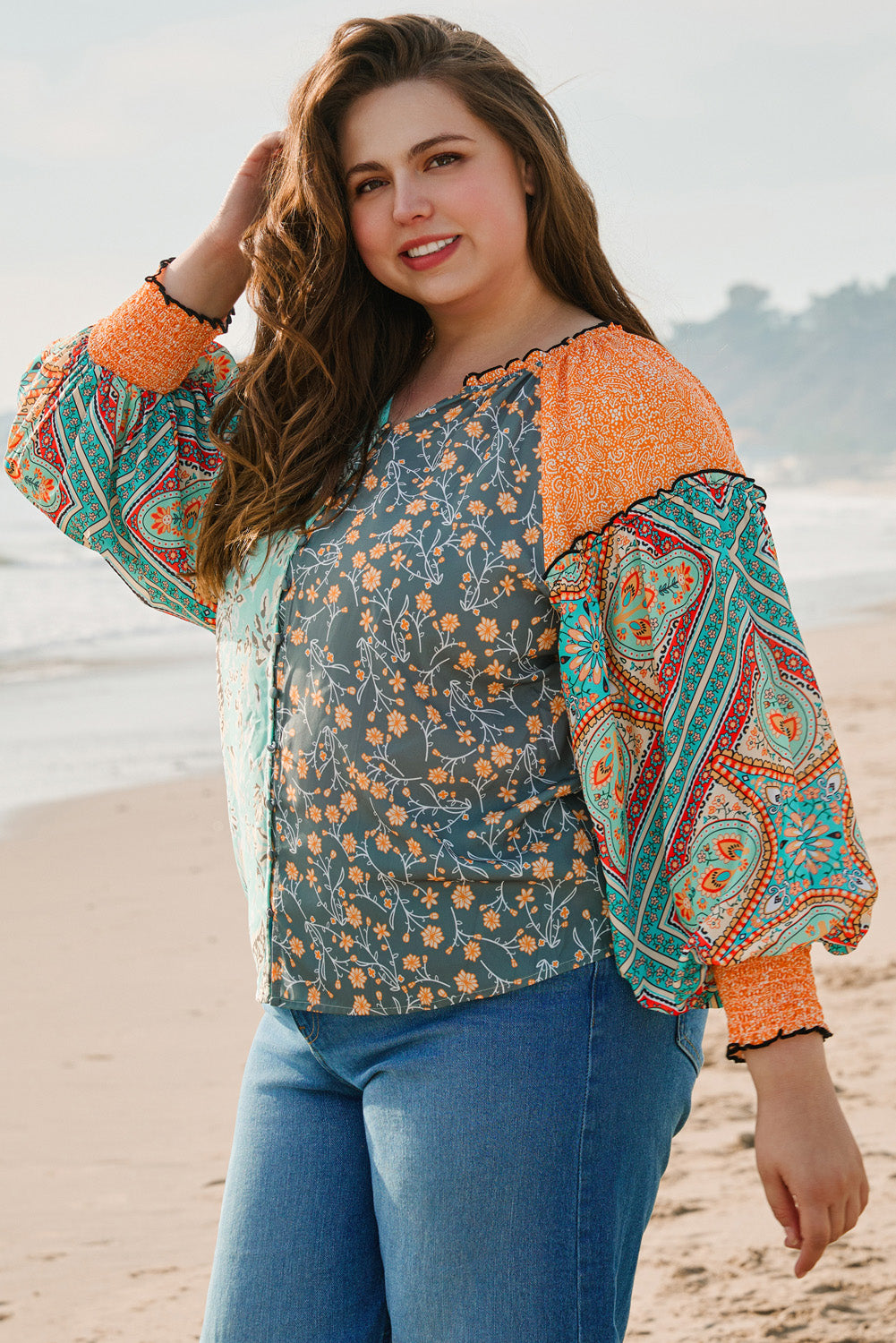 Green Floral Patchwork Lantern Sleeve Buttoned V Neck Plus Size Blouse Plus Size Blouses & Shirts JT's Designer Fashion