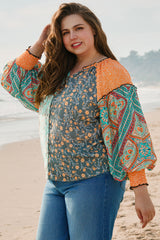 Green Floral Patchwork Lantern Sleeve Buttoned V Neck Plus Size Blouse Plus Size Blouses & Shirts JT's Designer Fashion