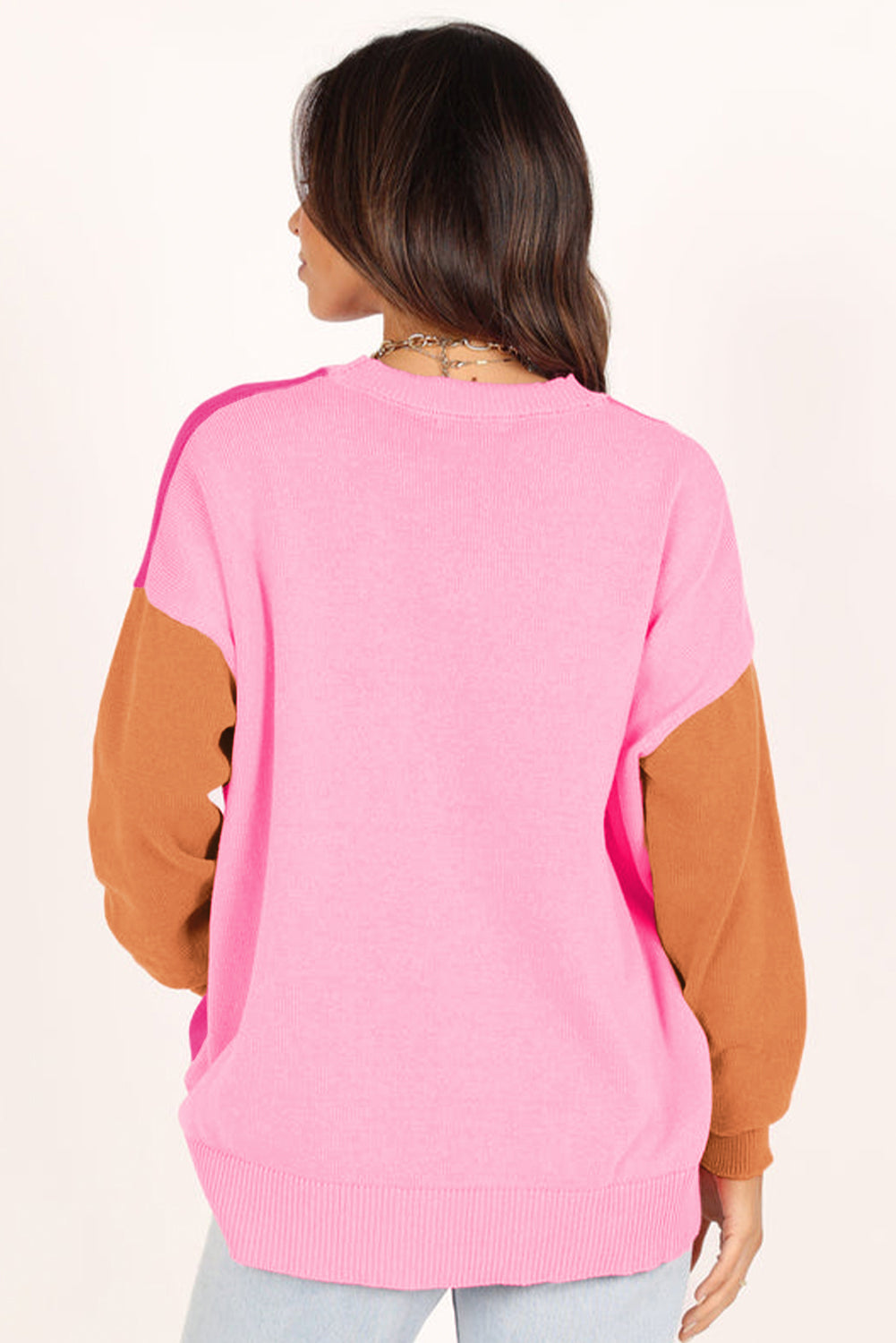 Bonbon Three Tone Contrast Round Neck Loose Sweater Sweaters JT's Designer Fashion