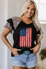 Black Leopard Patchwork Frayed USA Flag Print Ruffle Short Sleeve V Neck Tee Graphic Tees JT's Designer Fashion