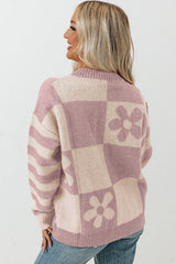 Orchid Petal Checkered Floral Print Striped Sleeve Sweater Sweaters JT's Designer Fashion
