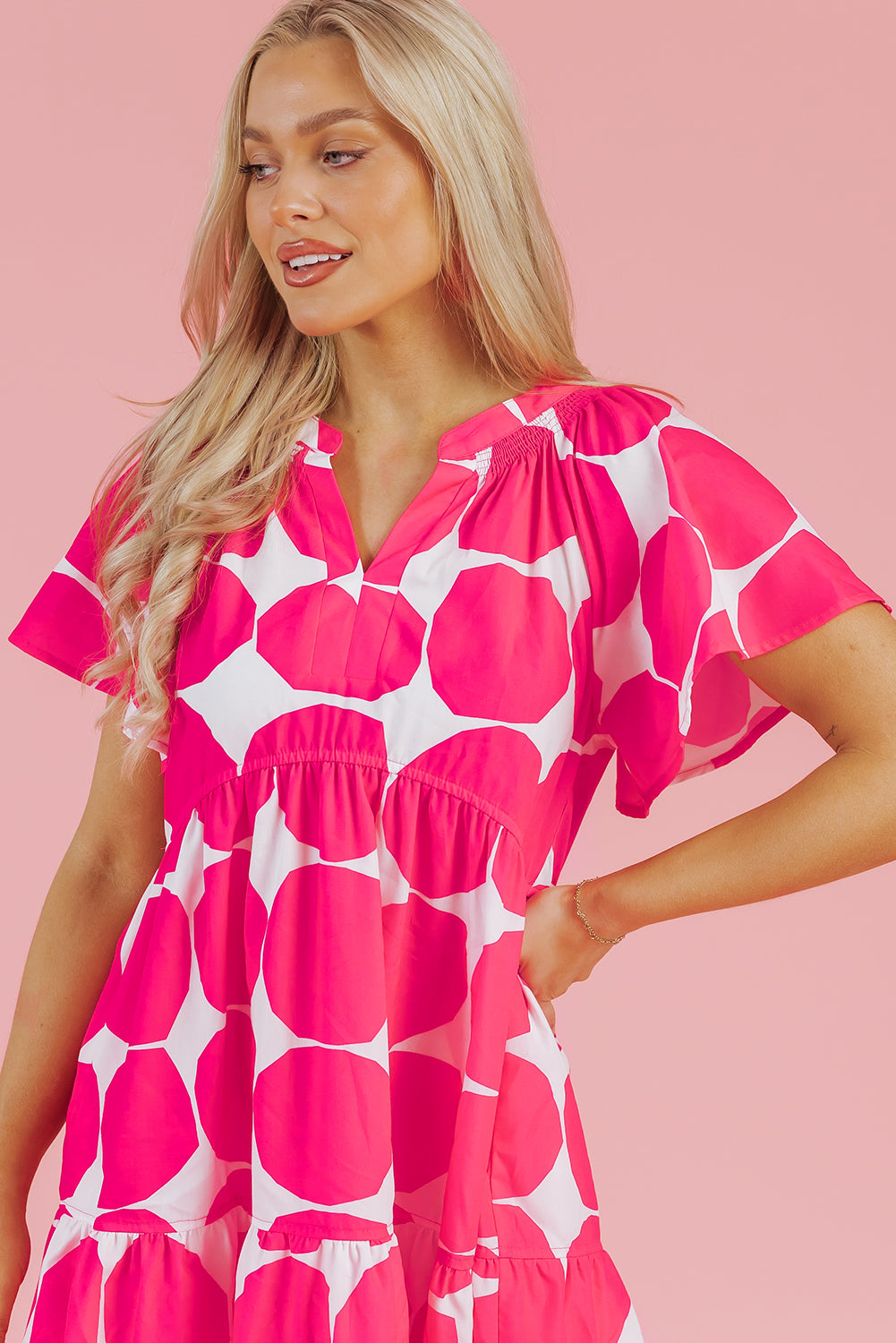 Rose Polka Dot Flutter Sleeve Notched Neck Tiered Flowy Dress Mini Dresses JT's Designer Fashion