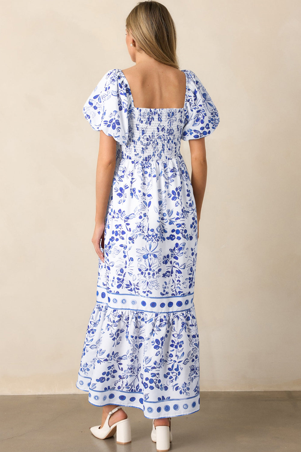 Sky Blue Floral Print Square Neck Bubble Sleeve High Waist Long Dress Maxi Dresses JT's Designer Fashion