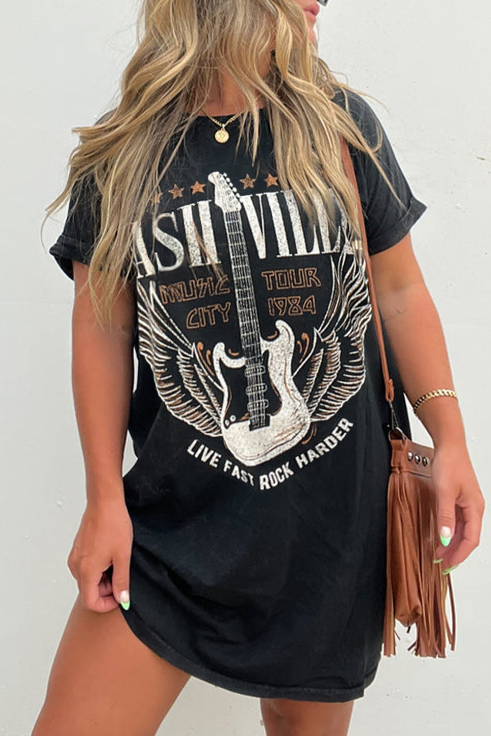 Black Nashville Guitar Print Crew Neck T Shirt Mini Dress T Shirt Dresses JT's Designer Fashion