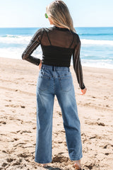 Stone Blue Star Patchwork Cropped Wide Leg High Waist Jeans Jeans JT's Designer Fashion