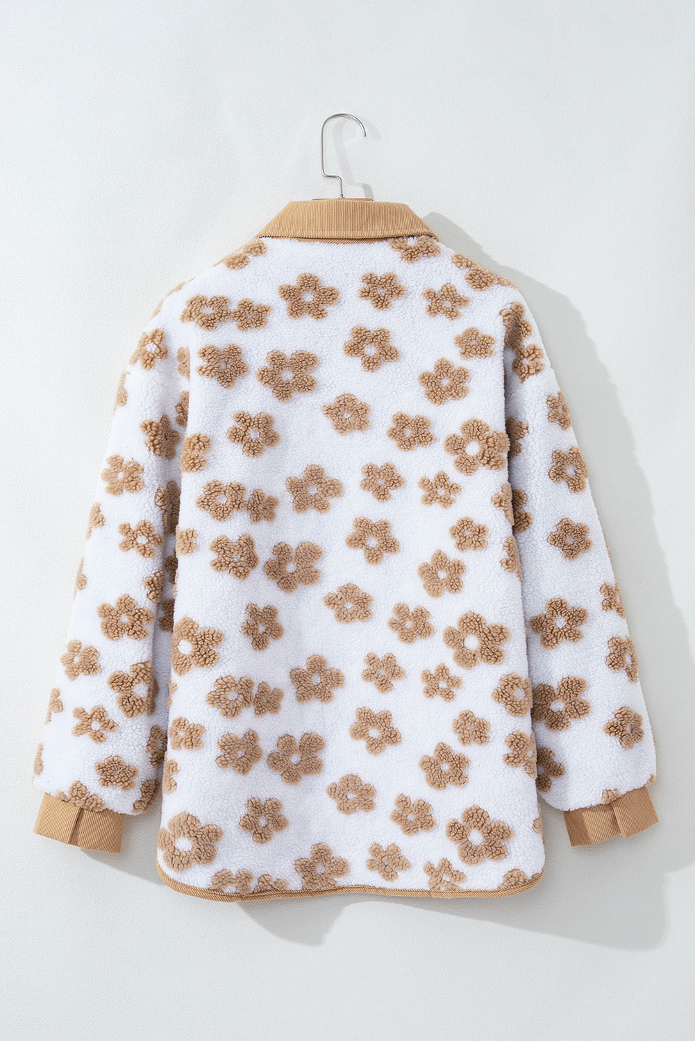 Light French Beige Cute Flower Pattern Button Up Fleece Jacket Jackets JT's Designer Fashion