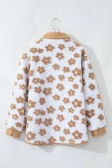 Light French Beige Cute Flower Pattern Button Up Fleece Jacket Jackets JT's Designer Fashion