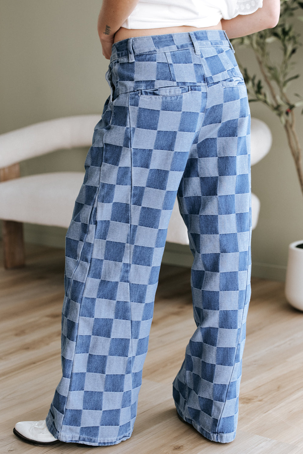 Dusk Blue Checkered Denim Wide Leg Jeans Jeans JT's Designer Fashion