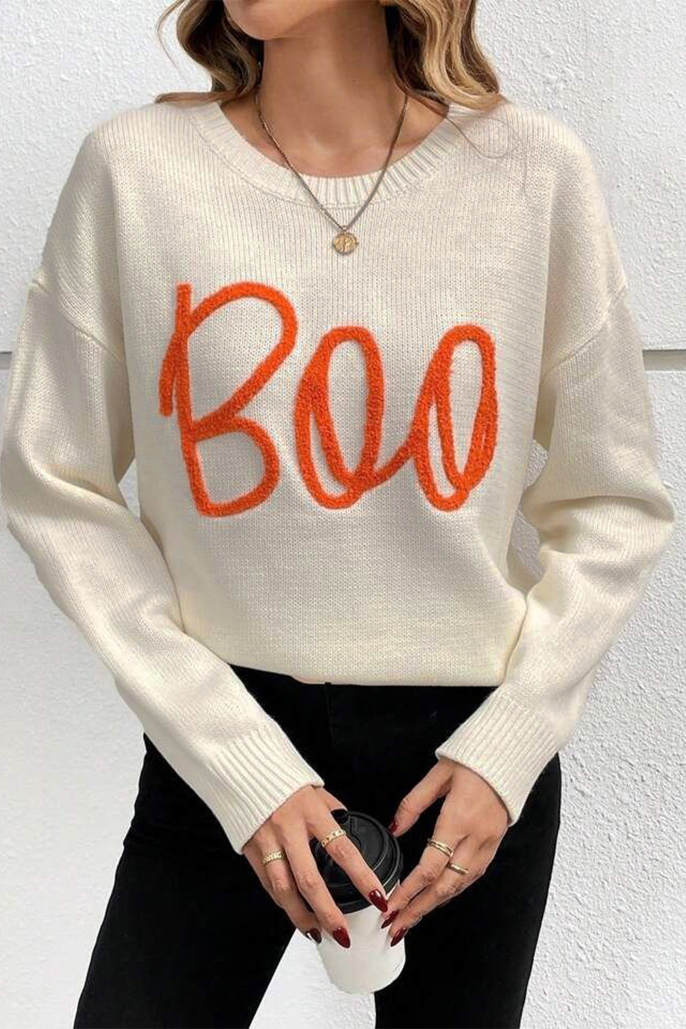 Apricot Boo Knitted Pattern Ribbed Edge Drop Shoulder Sweater Sweaters JT's Designer Fashion