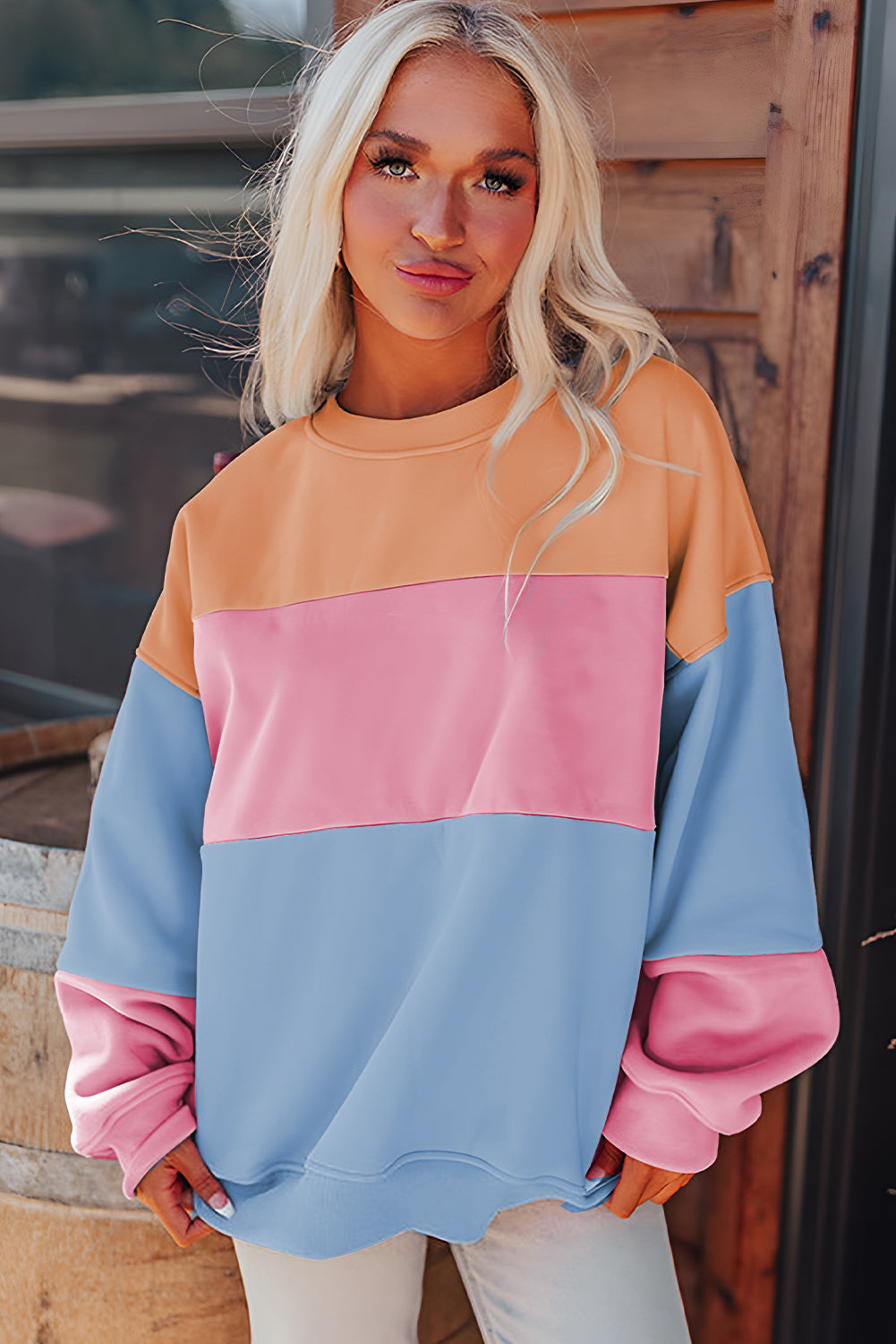 Sky Blue Colorblock Patchwork Drop Shoulder Sweatshirt Sweatshirts & Hoodies JT's Designer Fashion