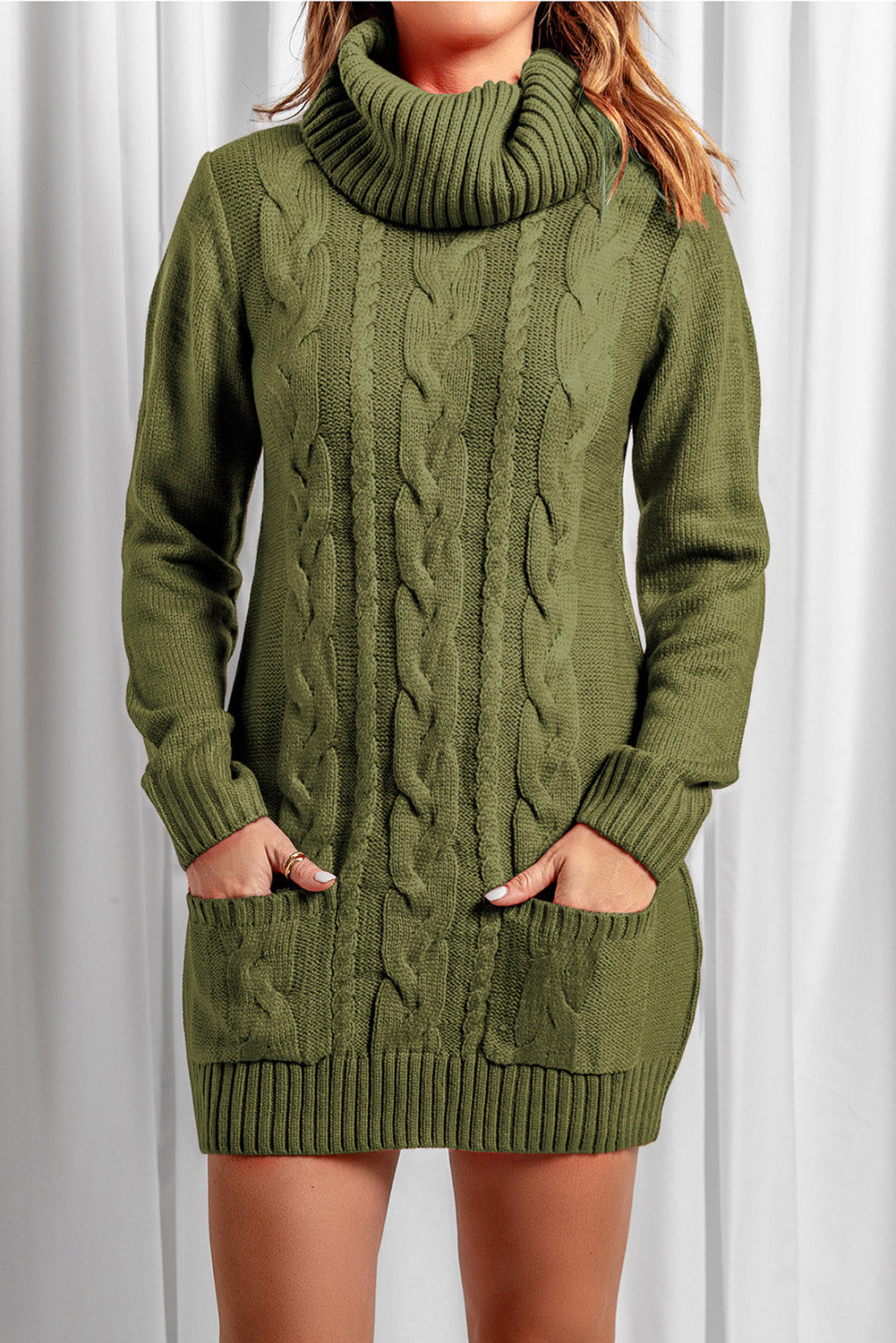 Olive Cowl Neck Cable Knit Sweater Dress Sweater Dresses JT's Designer Fashion