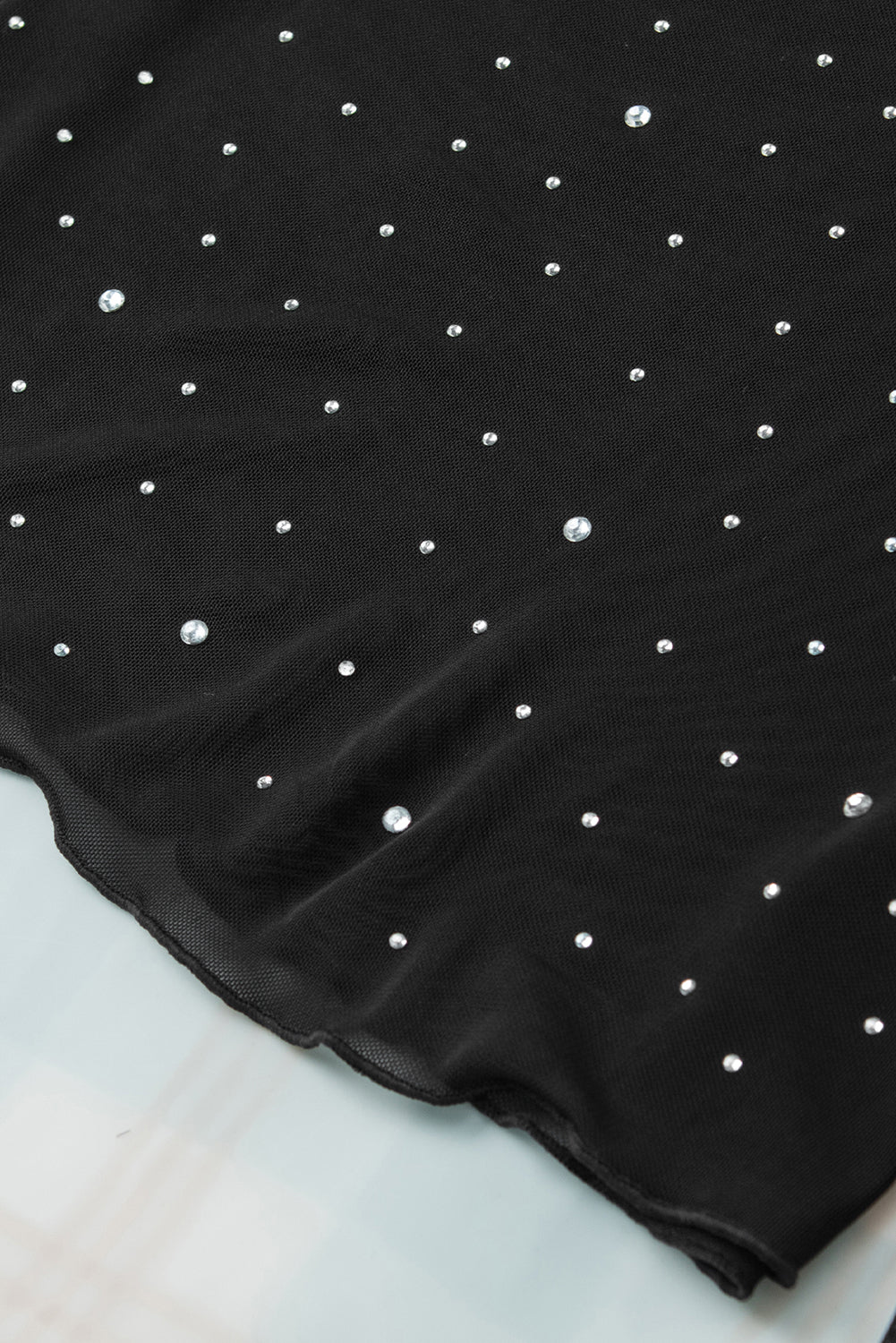 Black Rhinestone Sheer Mesh Slim Fit Long Sleeve Top Long Sleeve Tops JT's Designer Fashion
