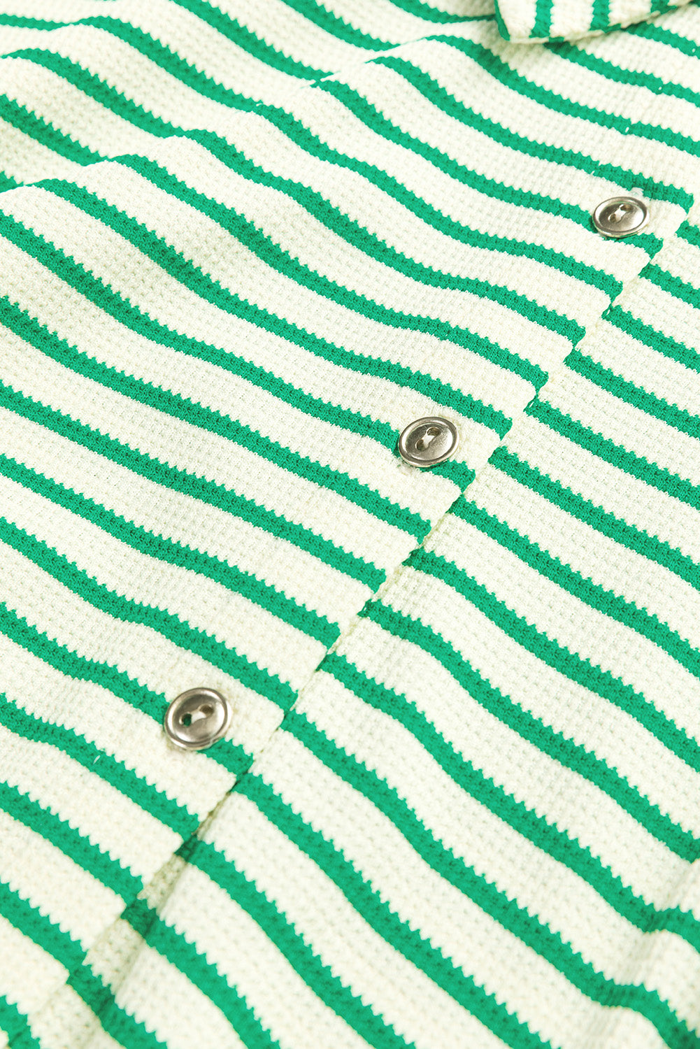 Green Stripe Textured Short Sleeve Collared Buttoned Waist Tie Romper Jumpsuits & Rompers JT's Designer Fashion