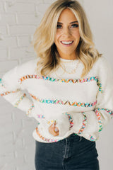 White Colorful Crossed Stitch Drop Shoulder Sweater Sweaters JT's Designer Fashion