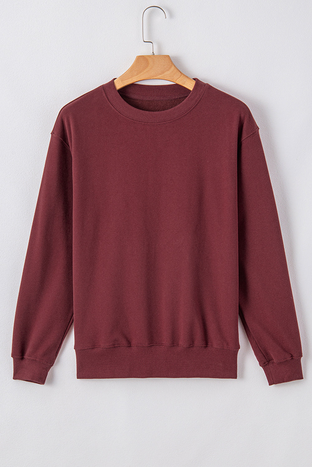 Burgundy Plain Drop Shoulder Crewneck Pullover Sweatshirt Sweatshirts & Hoodies JT's Designer Fashion
