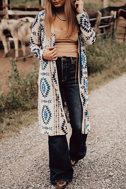 Sky Blue Western Aztec Printed Open Front Long Cardigan Sky Blue 95%Polyester+5%Elastane Cardigans JT's Designer Fashion