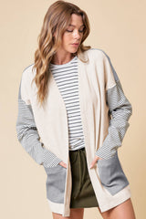 Black Stripe Colorblock Patchwork Open Front Cardigan with Pocket Cardigans JT's Designer Fashion