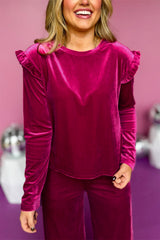Rose Red Solid Velvet Ruffled Two Piece Pants Set Pant Sets JT's Designer Fashion