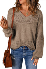 Camel Eyelet Pattern Detail V Neck Drop Shoulder Sweater Sweaters JT's Designer Fashion