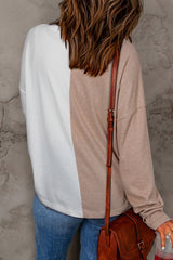 Khaki Colorblock Long Sleeve Crew Neck Top Long Sleeve Tops JT's Designer Fashion