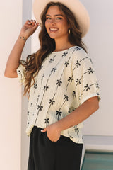 Beige Bow Print Puff Short Sleeve Top Blouses & Shirts JT's Designer Fashion