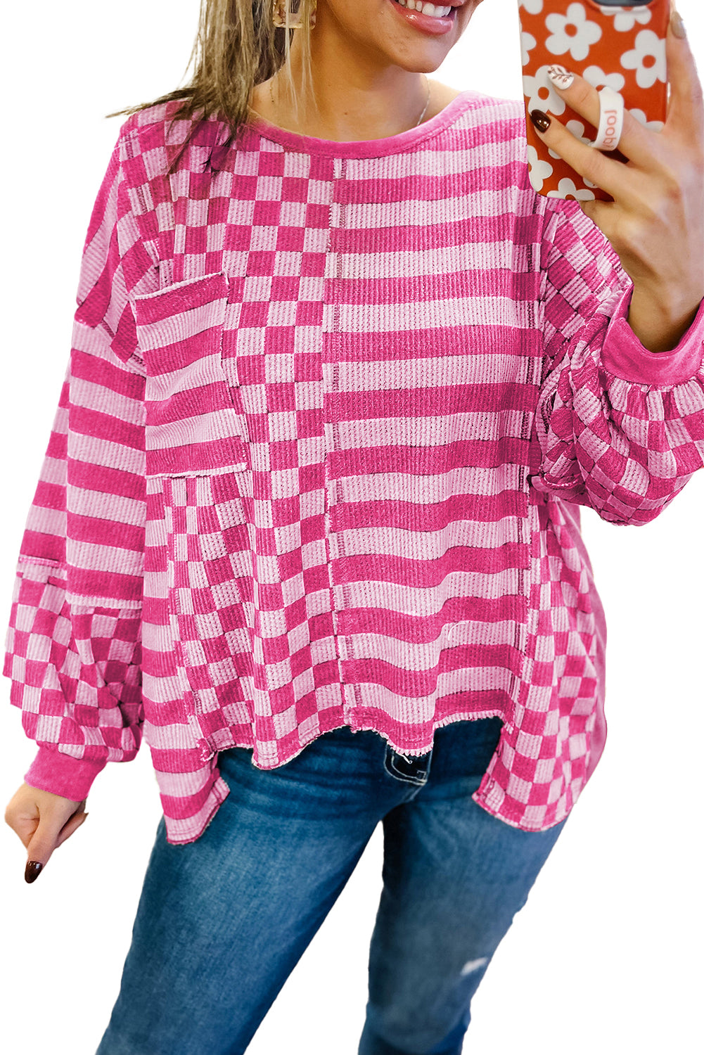 Rose Red Checkerboard Striped Patchwork Lantern Sleeve Pocketed Blouse Long Sleeve Tops JT's Designer Fashion