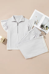 Gray Stripe Zipped up Collar Ruffled Sleeve Tee and Wide Leg Pants 2pcs Outfit Pant Sets JT's Designer Fashion